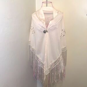 Sari Cream embroidered Flamenco fringe body shawl
